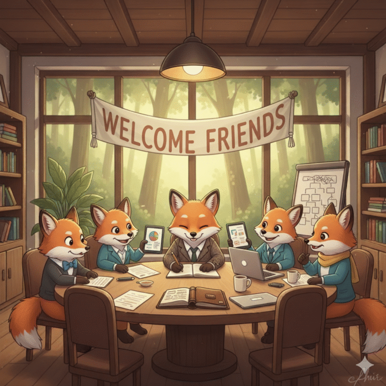 AI generated image of five cartoon foxes sitting around a meeting table with a sign above them that says welcome friends