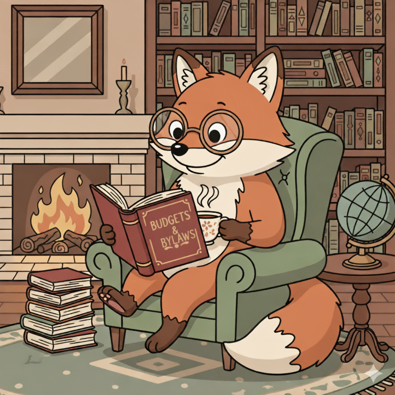 AI image showing a fox reading a book entitled budgets and bylaws sitting by a fire